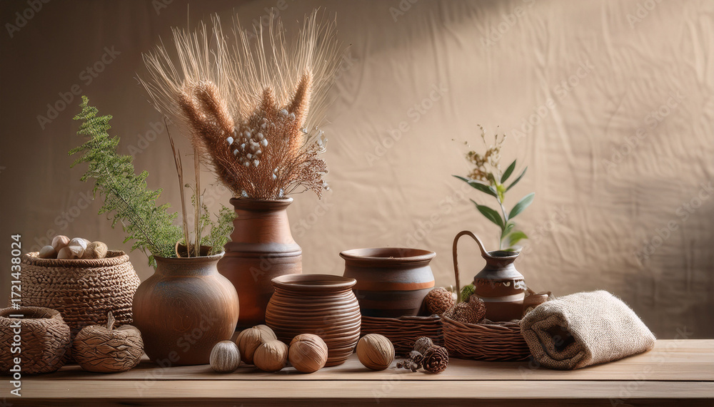 Fototapeta premium Serene Still Life With Rustic Decor And Natural Elements