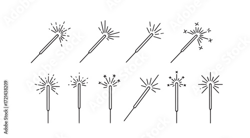 Collection of sparkler fireworks silhouette designs on a white background