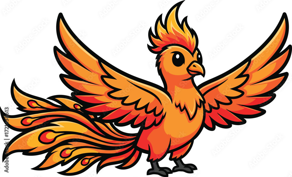 Obraz premium Cartoon Phoenix Bird, Firebird, Mythical Creature, Wings Spread, Orange, Cute
