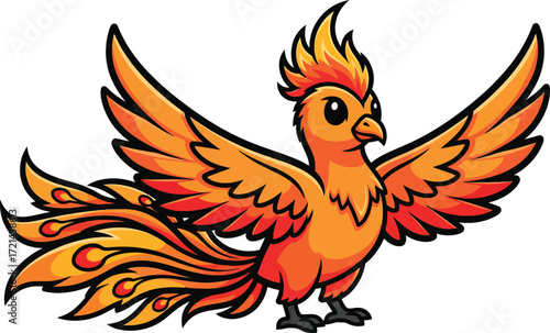 Cartoon Phoenix Bird, Firebird, Mythical Creature, Wings Spread, Orange, Cute