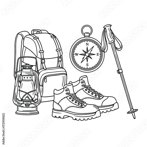 Vector illustration of hiking equipment, a vector illustration in outline