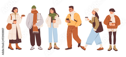 Trendy people in warm autumn and winter clothing. Cozy modern outfits. Stylish young men and women in fashionable seasonal apparel. Flat vector illustration set.