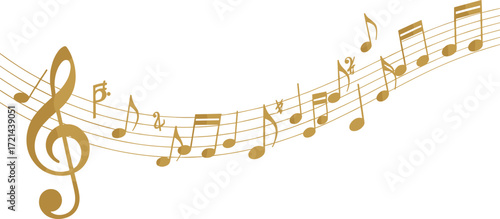 Musical notes illustration, golden music staff, melody vector design, treble clef art, sound wave symbol, creative harmony background, abstract music