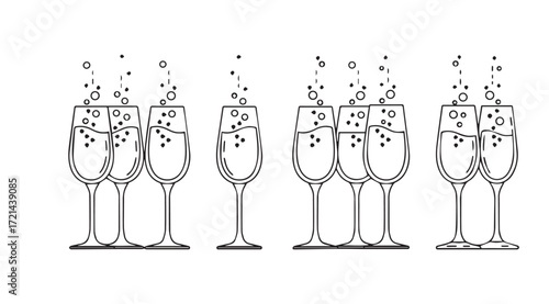 A collection of champagne glasses filled with bubbly liquid and bubbles silhouette