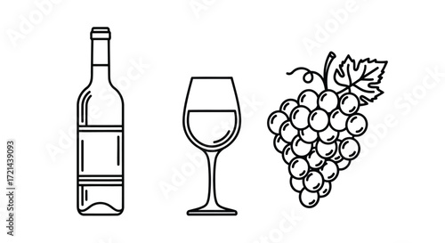 Vector illustration of wine bottle, glass, and grapes in line art