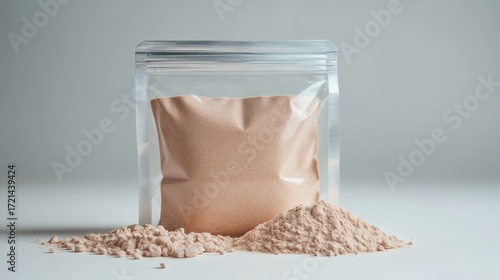 A Clear Plastic Bag of Brown Powder Posed Neatly on a Clean Surface