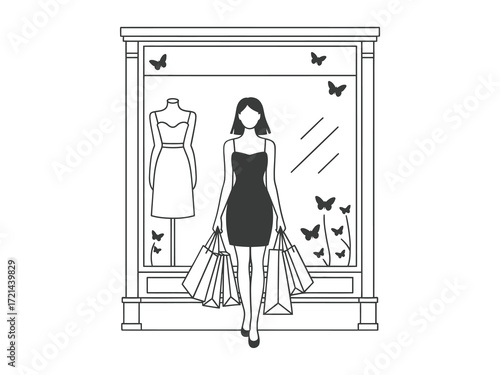 Woman walking out of a boutique with shopping bags and butterflies