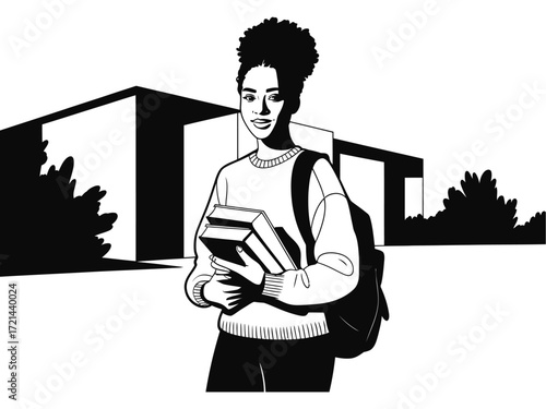 Young black woman student holding books outside school building
