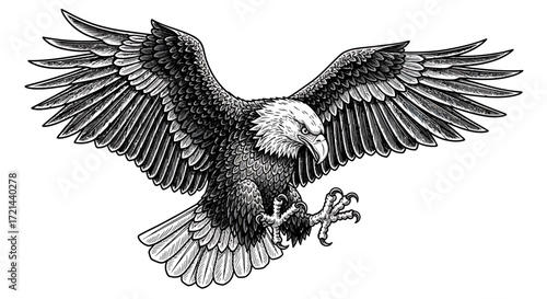 Majestic American Bald Eagle in Flight A Detailed Black and White Illustration