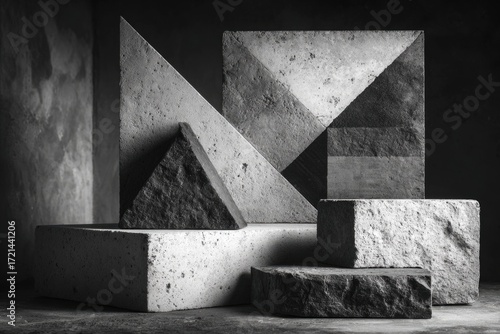 A monochrome arrangement of geometric concrete blocks and stones showcases stark textures and bold forms. Ideal for architecture, design, and art themes, emphasizing structure and balance