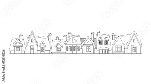 Charming european village houses line drawing silhouette