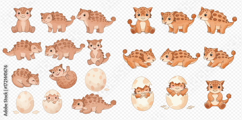 Cute baby ankylosaurus dinosaurs in various poses with hatching eggs, watercolor illustration set.