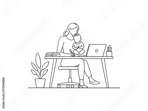 Mother working from home with baby