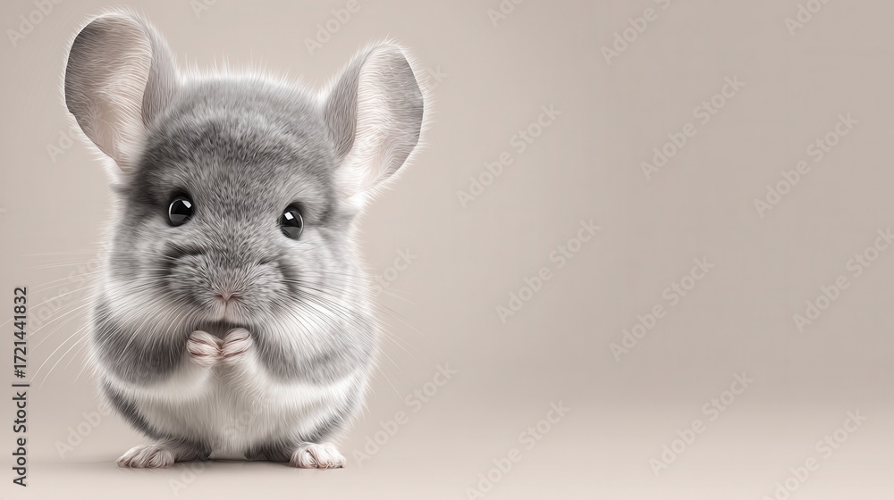 Obraz premium Charming gray chinchilla with fluffy fur and tiny paws adorable pet photography minimalist background close-up view