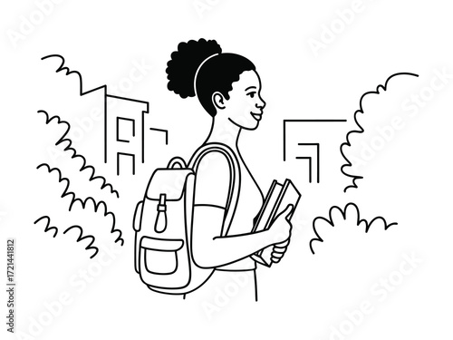 Young black woman with backpack and books walking outdoors
