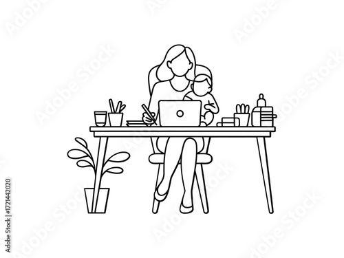 Mother working from home with child on her lap
