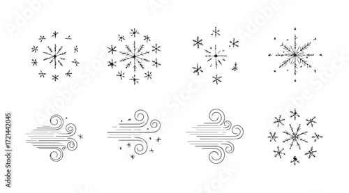 Collection of intricate snowflake and abstract winter wind designs silhouette