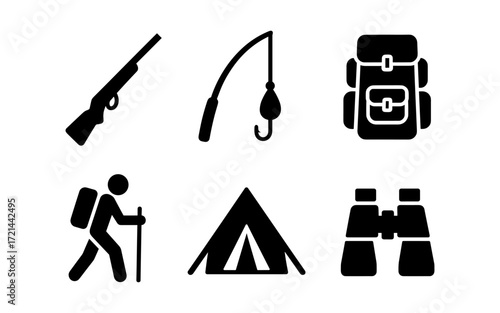 Outdoor adventure essentials: icon set featuring hiking, camping, fishing, and backpacking elements for design and print