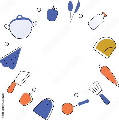 Colorful vector illustration of various cooking utensils and ingredients arranged in a circle illustration