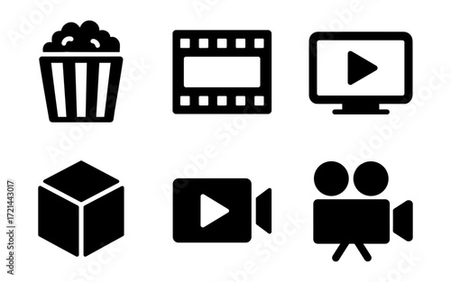 Multimedia icons set featuring popcorn film screen play button tv cube video camera for digital projects