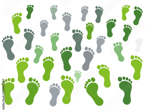 A graphic illustration featuring numerous footprints in various shades of green and grey scattered across a white background, symbolizing movement or environmental impact.