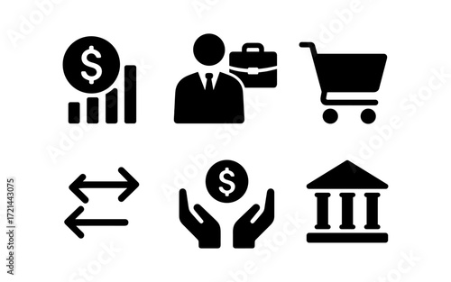Comprehensive financial icon set featuring business, banking, and commerce elements for design projects