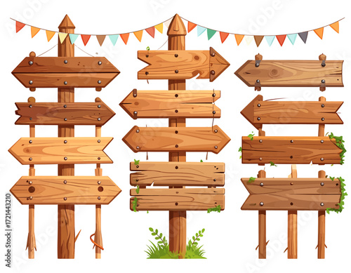 Collection of rustic wooden signposts with blank arrow-shaped and rectangular signs, some adorned with festive banners and green foliage.