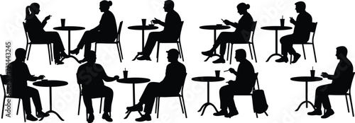 People sitting in cafe, restaurant dining, coffee shop tables, group social interaction, casual meeting, friends conversation, food and drink illustration