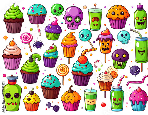 A vibrant collection of cartoonish Halloween-themed desserts and drinks, including cupcakes, ice cream, lollipops, and beverages with spooky faces and bright colors.