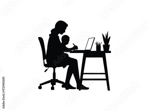 Silhouette of a mother working on a laptop with her baby