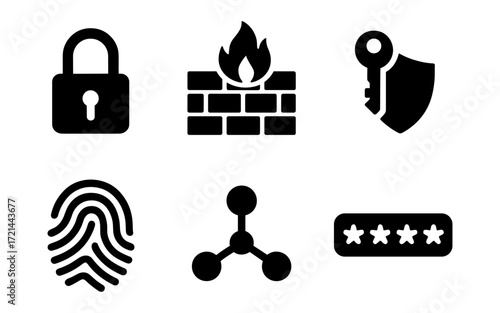 Digital security icons featuring lock, firewall, key shield, fingerprint, network, and password for technology design