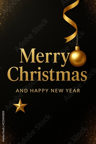 Elegant Merry Christmas greeting card with golden ornaments and festive holiday decorations on black background.