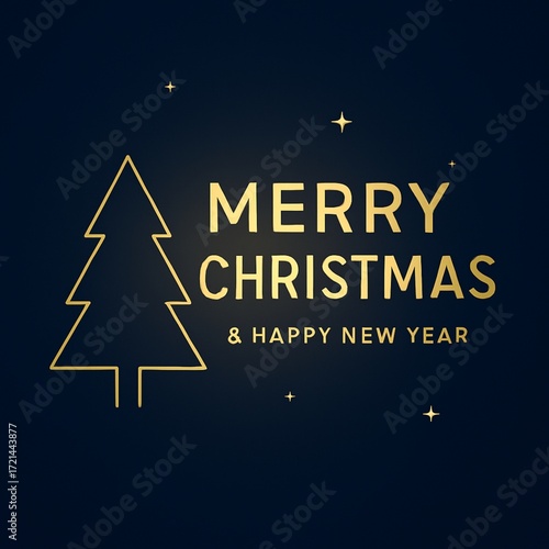 Minimalist Merry Christmas and Happy New Year greeting card with golden line art Christmas tree on dark blue background.
