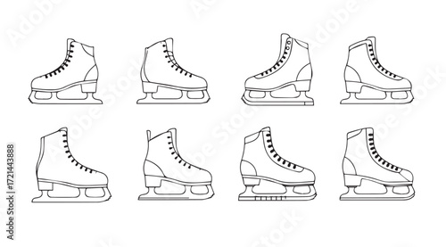 Collection of eight detailed ice skate silhouettes in a grid formation silhouette