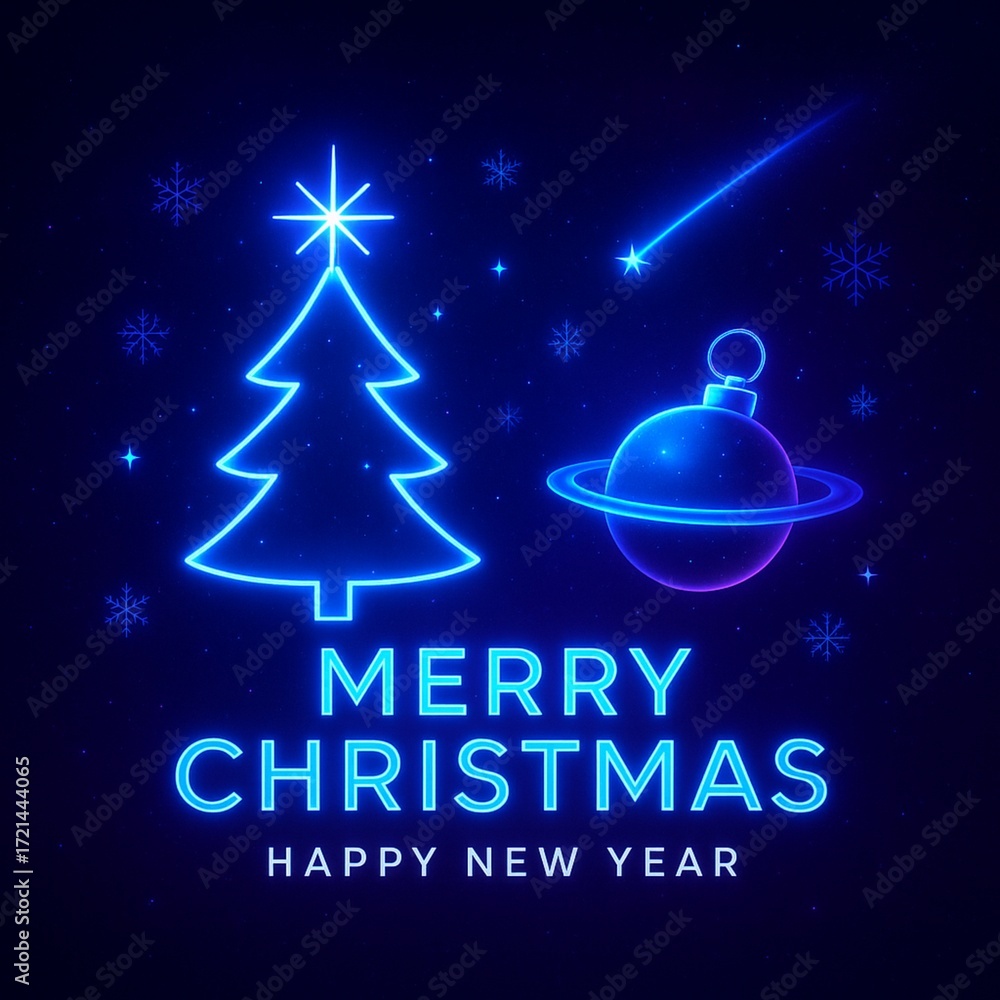 Naklejka premium Futuristic neon Christmas card with glowing tree and planet, modern holiday background. 