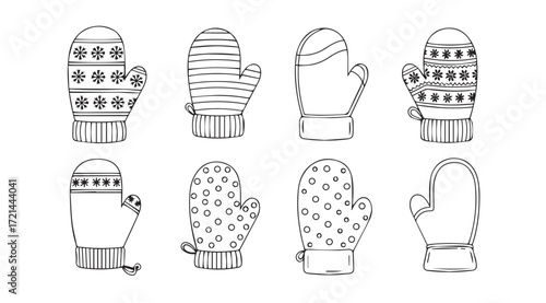 Collection of eight hand drawn winter mittens in silhouette style