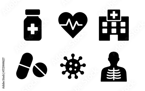 Comprehensive medical icon set featuring healthcare symbols for digital design and educational resources