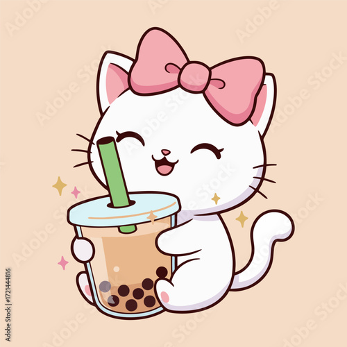 Kawaii cute white cat with a big pink bow on its head hugging Boba Cup