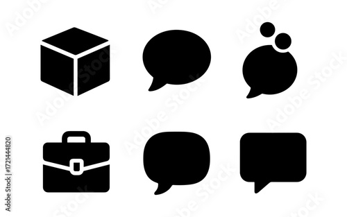 Minimalist icon set featuring speech bubbles, cube, and briefcase for digital design projects