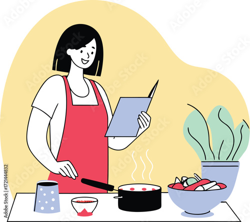 Woman chef following recipe book cooking delicious food healthy meal preparation kitchen scene illustration