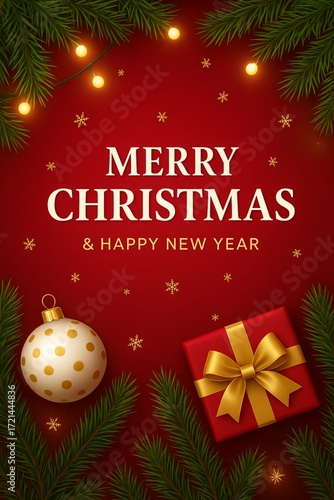 Classic red Christmas card with golden ornaments and wrapped gift box, festive holiday background.