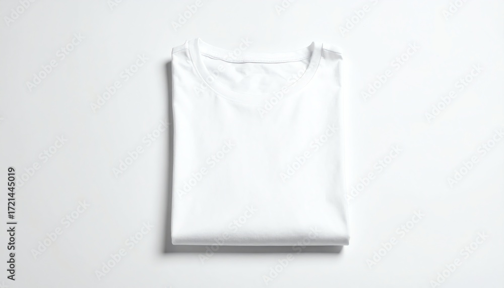 Fototapeta premium Plain white folded cotton t-shirt displayed neatly on a minimal background, ideal for clothing mockups, branding, or minimalist fashion designs.