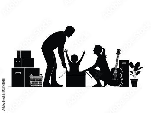 Family moving day joyful child emerging from moving box