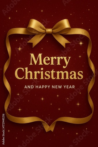 Luxury red Christmas card with golden ribbon and festive ornaments, elegant holiday design.
