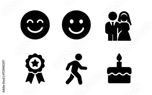 Joyful icons collection featuring smiley faces, wedding couple, award ribbon, walking person, and birthday cake for versatile design use