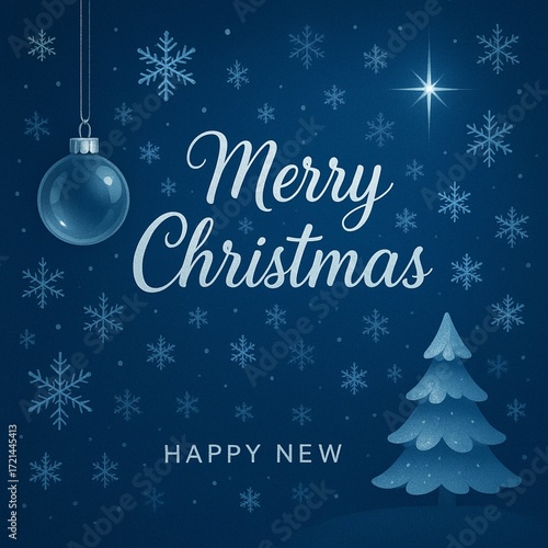 Blue Christmas greeting card with snowflakes and ornament, elegant winter holiday background.