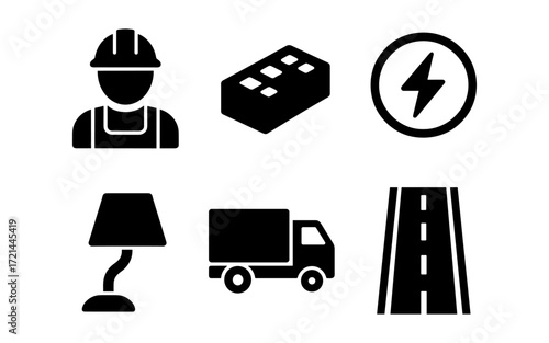 Essential construction elements with worker, brick, energy, lamp, truck, and road icons for design projects