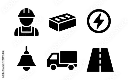 Construction elements set featuring worker, brick, electricity, bell, truck, and road icons for design projects