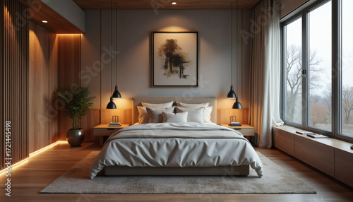 Luxurious Modern Bedroom with Warm Ambient Lighting and Elegant Wooden Accents, Featuring a Plush King-Size Bed and Serene Window View of Winter Trees, Creating a Tranquil and Inviting Retreat