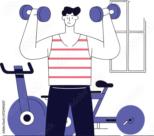Muscular man lifting dumbbells with stationary bike fitness illustration vector illustration